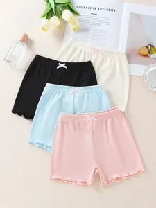Girls' Sweet Cute Ribbed Bow Casual Shorts Set, Summer Breathable Elastic Waist Pants, Wood Trim Hem, Micro Stretch Fabric, 4 Pcs, Breathable Soft Shorts