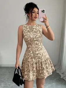 Boho Christmas & New Year Blue White Porcelain Floral Sleeveless Dress, Round Neck A-Line Vintage Short Dress, Waist-Fitting Elegant Outfit for Dates, Commuting, Vacation, Fresh & Gentle Style – Brown