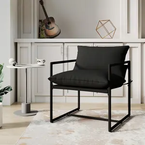 Modern Sling Black Accent Chair with Plush Cushioned Seat, Indoor or Outdoor, Rustproof Steel Frame with Washable Cushions, Living Room, Patio, Porch