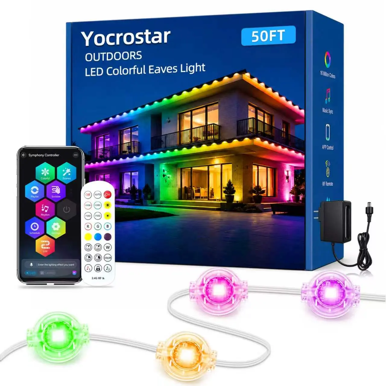 Yocrostar 24V Input Permanent Outdoor Eave LED Lights, RGB+IC Smart, APP & Remote Control, IP67 Waterproof DIY Color Changing Lights for House Eaves, Christmas Party