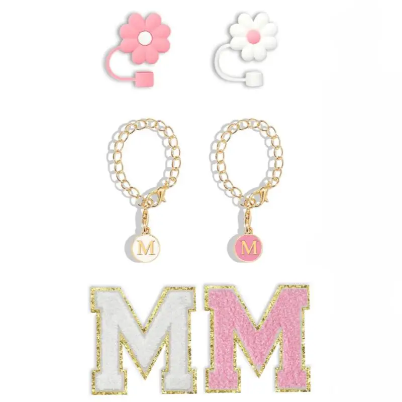 2 Counts Straw Cover, 2 Counts Name ID Letter Handle Charm, and 2 Counts Self-adhesive Chenille Letter, Summer Essentials (without Bottle)