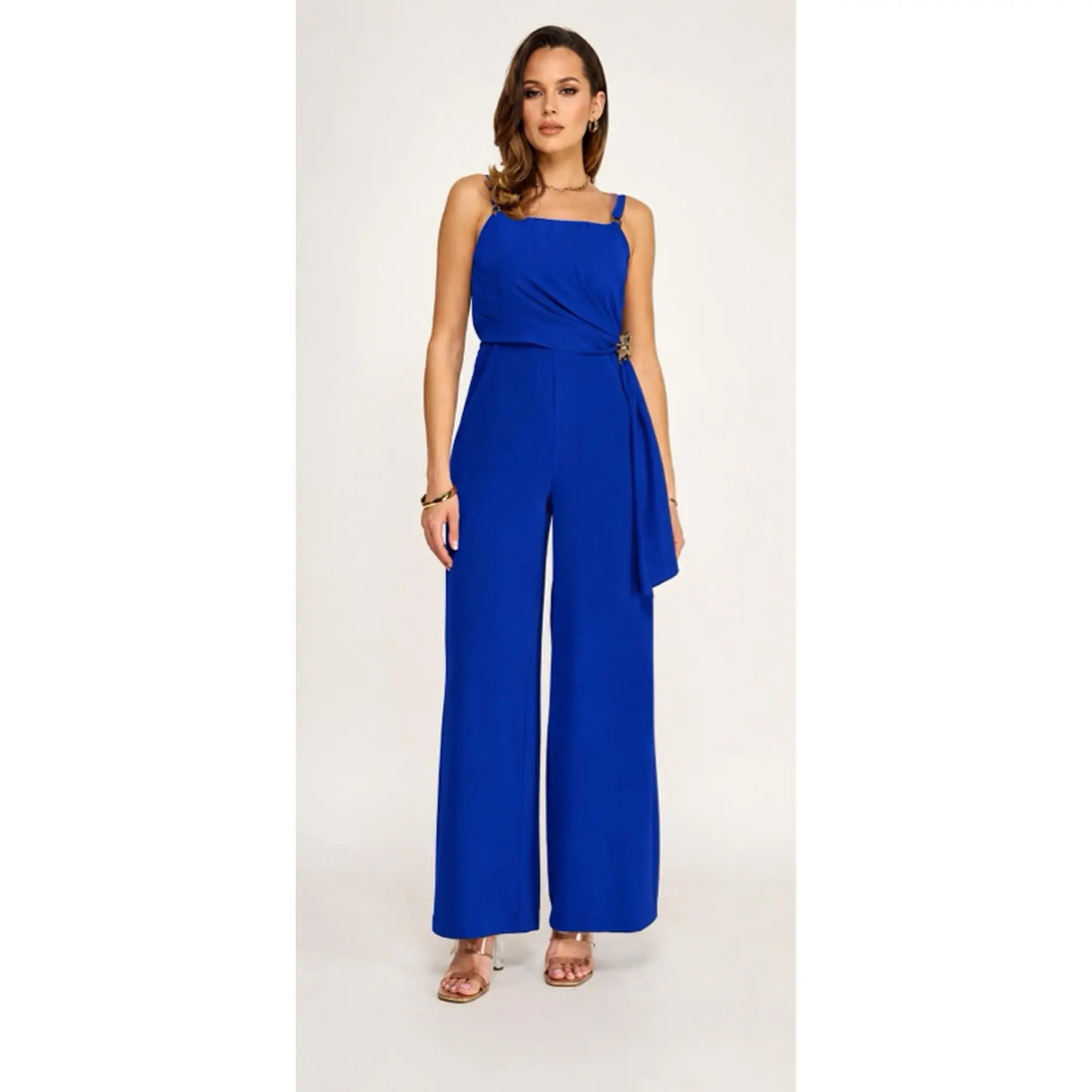 Royal Affair Jumpsuit in Stunning Royal Blue with Square Neckline Adjustable Straps Decorative Brooch & Flowing Sash for Weddings Cocktail Parties