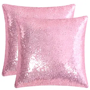 Unique Bargains 2 Pcs Sequin Throw Pillow Covers, Shiny Sparkling Comfy Satin Sequin Cushion Covers, Decorative Pillowcases for Bedroom/Living Room/Sofa/Party, 16 x 16 Inch, Shiny Pink