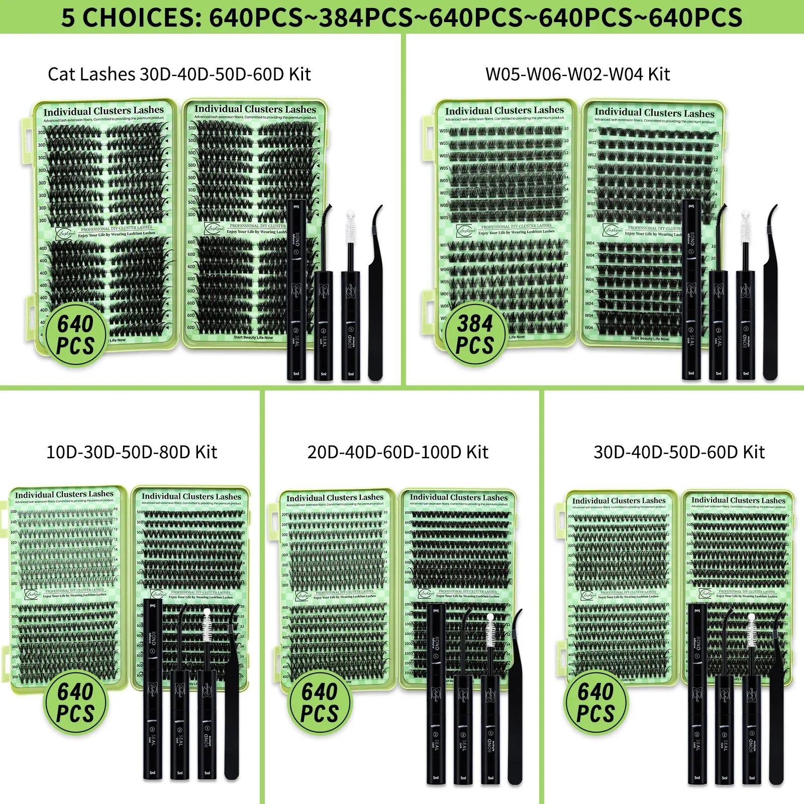 Individual False Eyelashes Kit Set, Mixed Length & Styles Lash Clusters, 4 Styles in One Tray, Lash Kit with Bond & Seal and Lash Applicator for DIY at Home, Makeup, Diy Eyelash Extensions