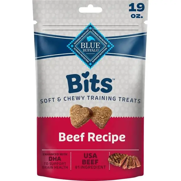 Blue Buffalo Bits Beef Soft & Chewy Dog Treats, Bite-Sized for Training, Made with Real Beef & Enhanced with DHA, Heart-Shaped Dog Treats, Made in the USA with Natural Ingredients, 19 oz.