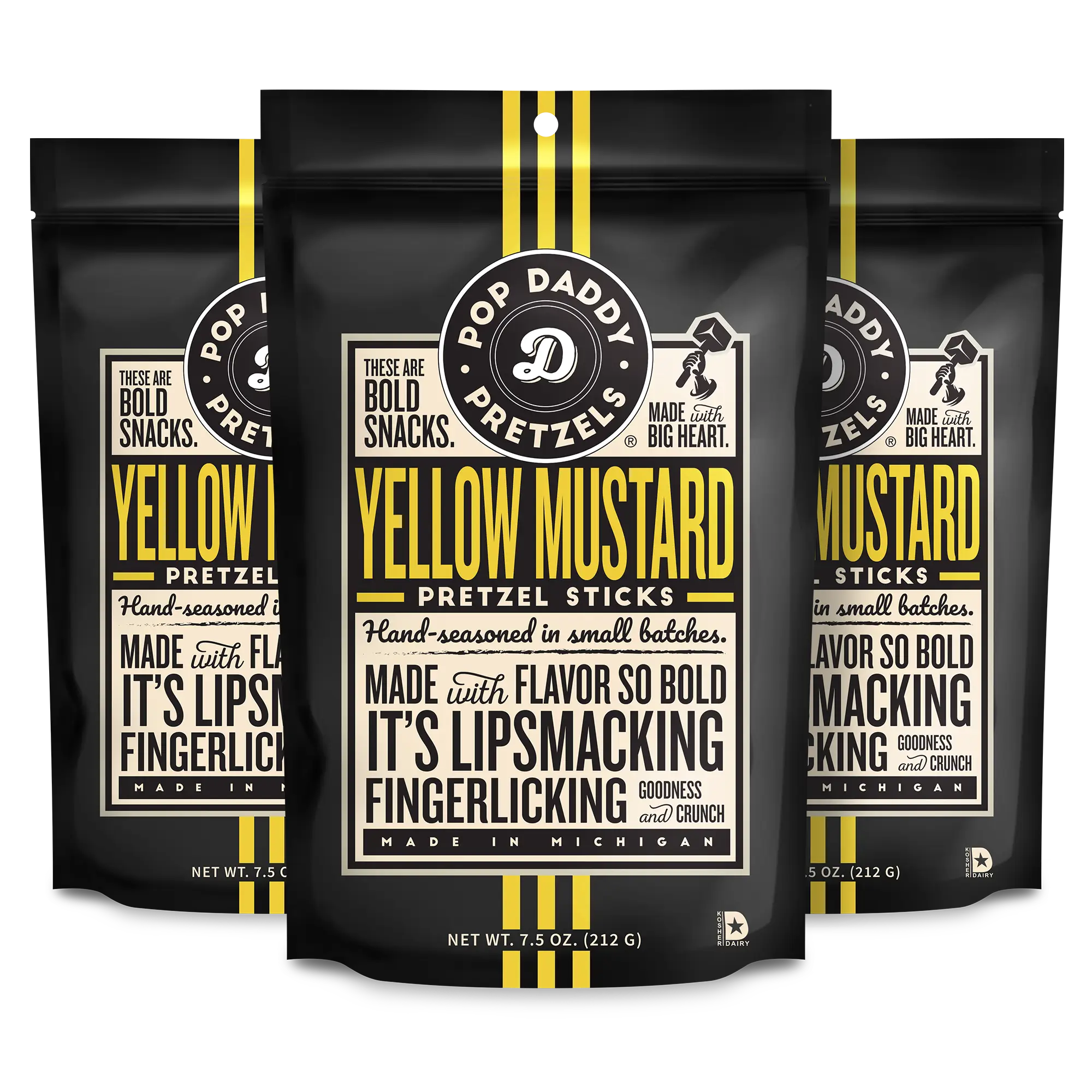 Pop Daddy Flavored Pretzels Sticks | Healthy Gourmet Pretzels Snacks | 7.5oz Individual Bags | 3 Pack | Yellow Mustard | Kosher Certified