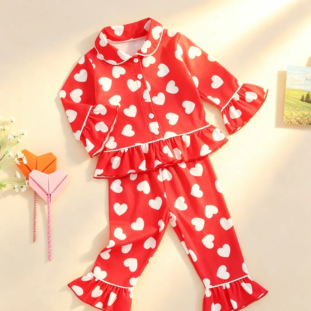 Kids Girls Valentine Pajamas Sets Heart Print Ruffled Button Long Sleeves Shirt and Elastic Flared Pants Loungewear