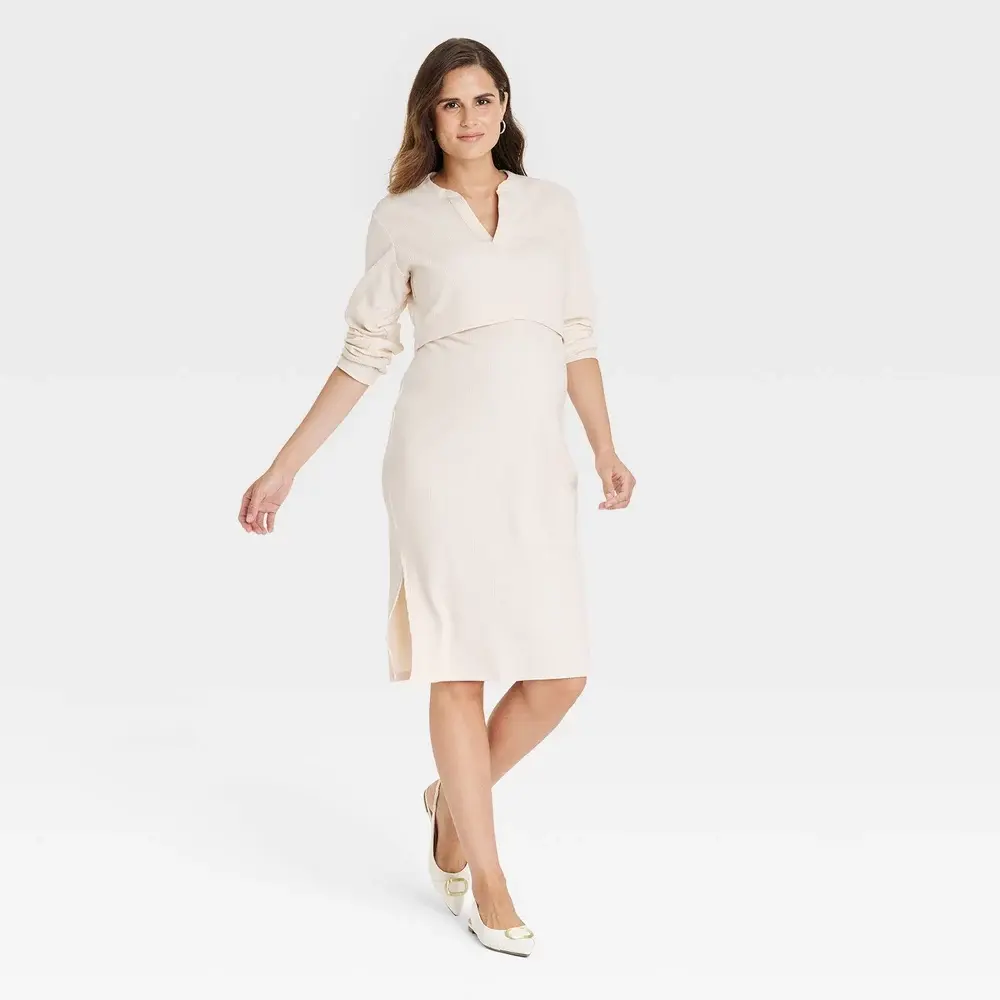 Maternity Clothes 2-Piece Set, Ribbed Knit Henley Long-Sleeve Pullover Top and Matching Below-Knee Side-Slit Skirt