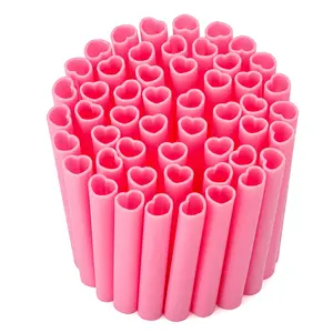 50 pcs Pink Heart Shaped Disposable Straws- Plastic Drinking Cute Straw for Valentines Day Cocktail Birthday Party Bridal Shower Wedding Supplies, Individually Wrapped, Pink