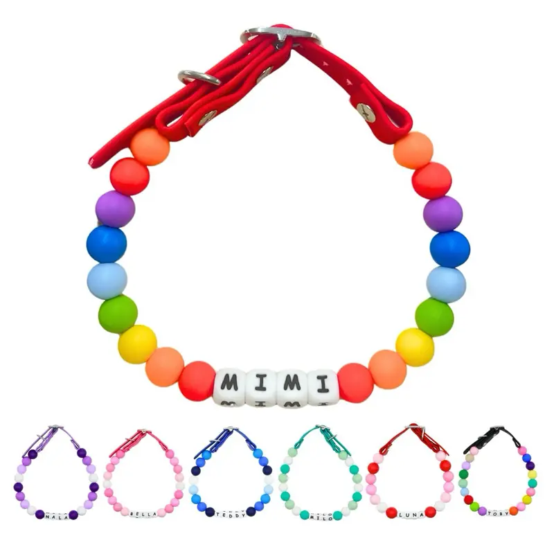 Anita's Stitches Custom Beaded Name Rainbow Collar for Dogs & Cats - XSmall to XXL Sizes - Adjustable Handmade in USA with Colorful Beads - Pride month