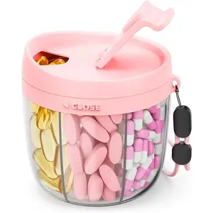 Cute Pill Dispenser with 7 Large Compartments, Portable Pill Bottle Organizer with Wide Opening for Easy Use, Anti-Mix Pill Organizer for Travel, BPA-Free Pill Container, Pink Healthcare Organizer with Times a Day Weekly stick-on label Capsule