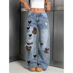 Wide Leg Distressed Washed Denim Jeans - Ripped Casual Pants with Patchwork design (Heart/Love/Leopard), All-Season Wear, Hand Washable Long Length for Commuting, Shopping & Everyday Outfits