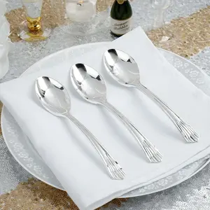 25-Pack Plastic Spoons 7" Silver Heavy Duty with Fluted Handles - Disposable Utensils