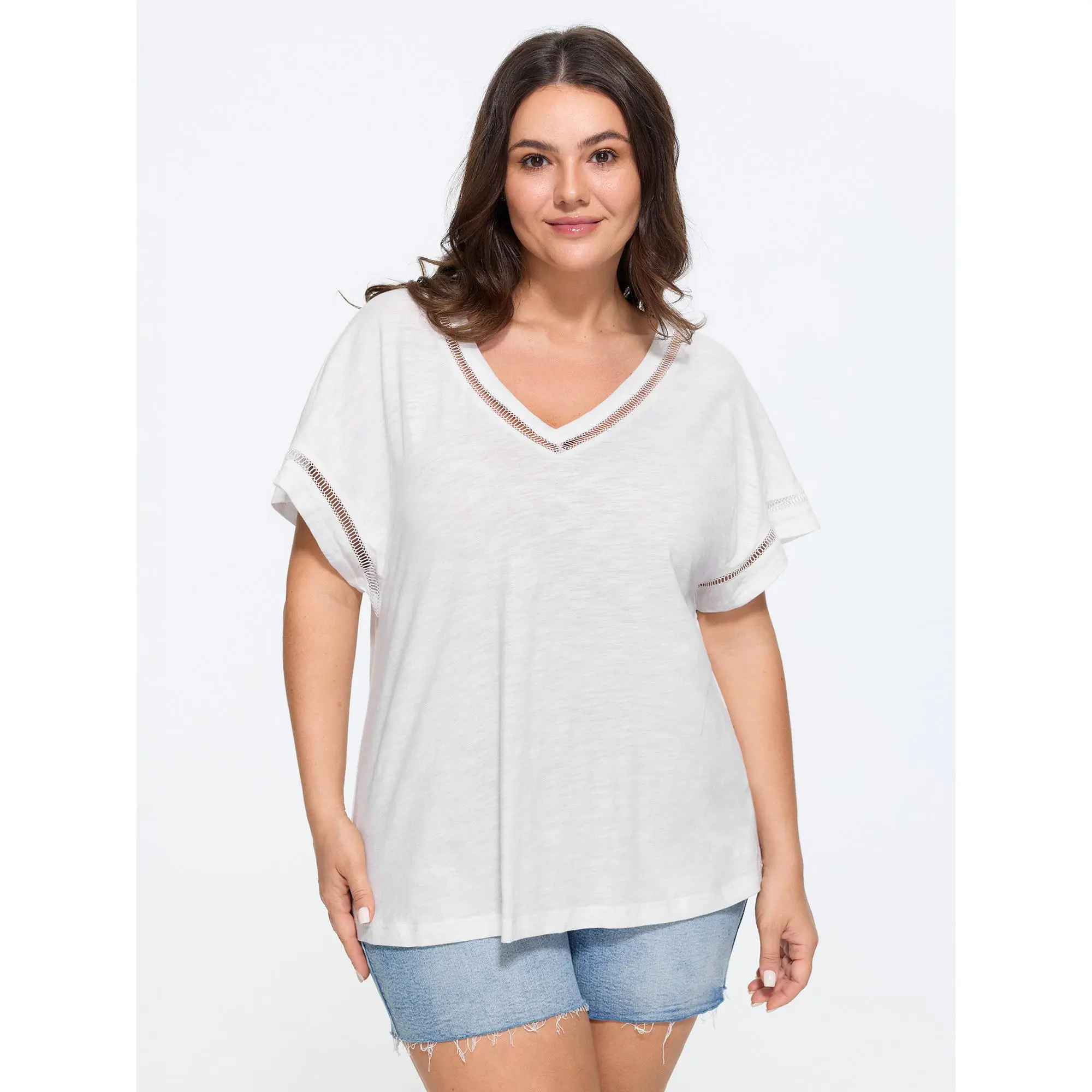 BloomChic Women's Plus Size Cotton Plain Slub Eyelet Trim Dolman Short-Sleeve T-Shirt - Casual Top, Breathable Fabric, Size M-6X, 2026 Summer Outfits, Shortsleeve, Tshirt