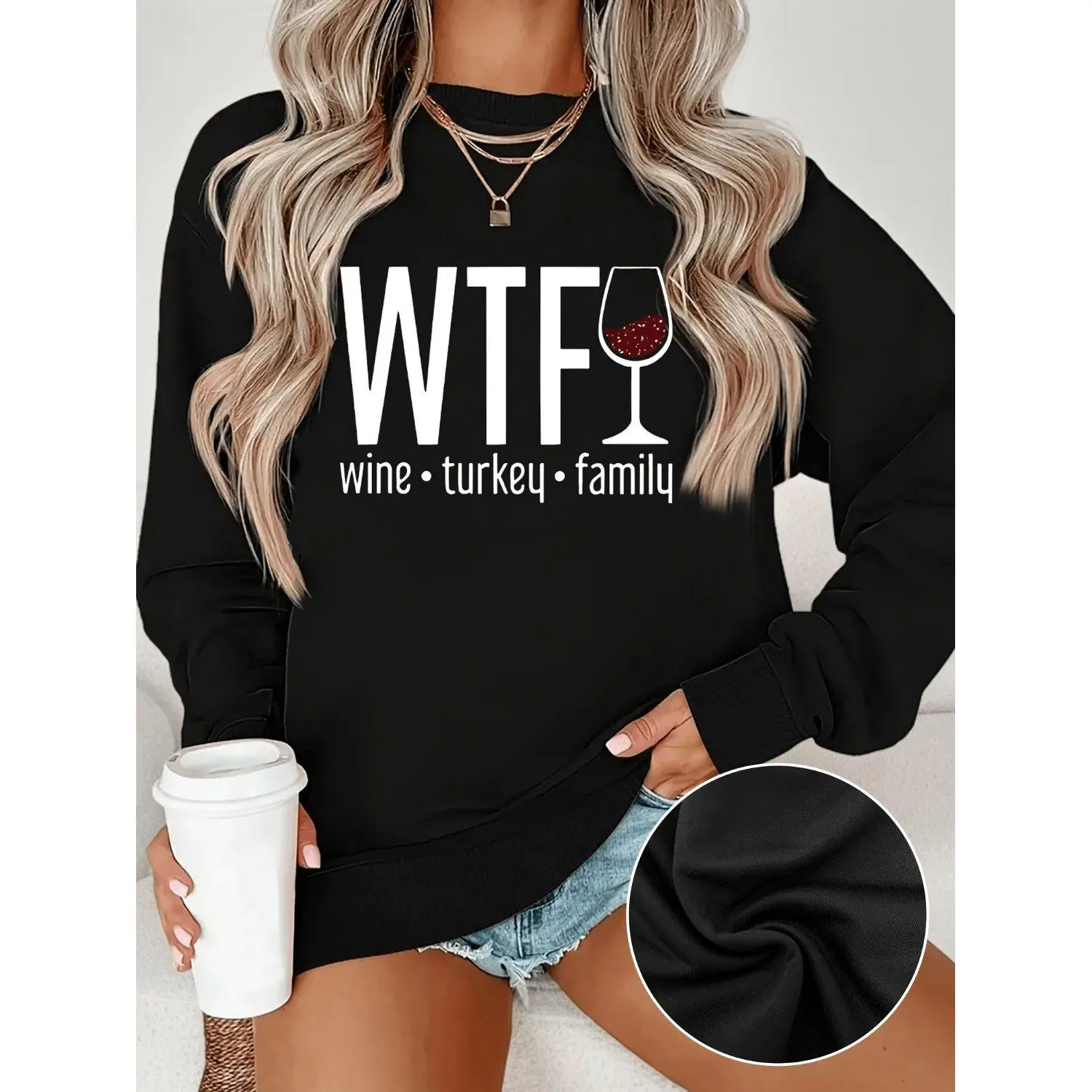 Crew neck sweatshirt casual with "WTF Wine Turkey Family" graphic print lightweight breathable knit fabric 250gsm spring fall fashion top stylish comfortable everyday wear