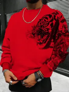 Men's Casual Tiger Print Sweatshirt Going Out Vintage Crew Neck Black Graphic Long Sleeve Rapper Sweatshirt, For Friends, Husband, Boyfriend Gifts