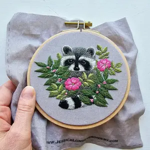 DIY Raccoon Hand Embroidery kit, Animal thread painting template, supplies and online video tutorial