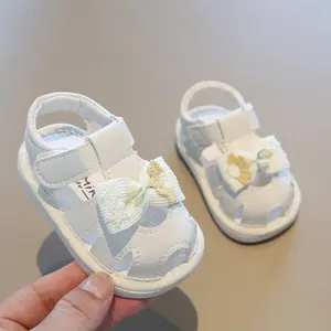Baby Girl Squeaky Sandals Bow Accent Closed Toe Non-Slip Soft Hook Loop Summer Shoes Toddler First Walkers Shoes