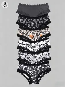 Morvia 6-Pack Spooky Lingerie Set for Women, Horror & Occult Elements Panties, Soft Stretch Lace Trim Print Underwear, Alt Fashion & Goth Gifts, High Waist Underwear, Lace Patchwork Underwear
