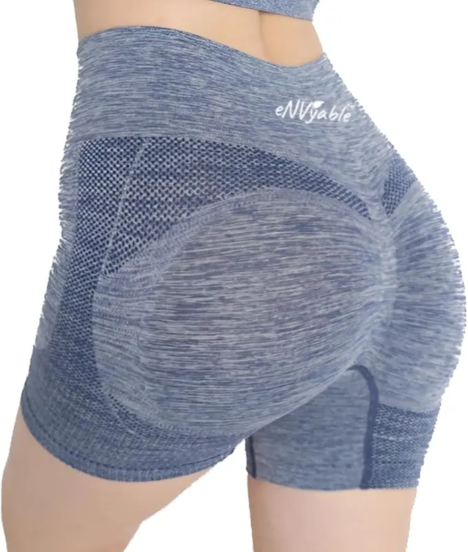 eNVyable Exercise Scrunch Booty Detail Workout Shorts for Women Quick-Dry Fabric Seamless Comfortable Yoga & Exercise Wear (Blue Gray), Sporty Shapewear, Trendy, Sporty Chic, Mid Rise, Polyester Blend, Butt-Lifting Feature, High-Waisted, Seamless Cut