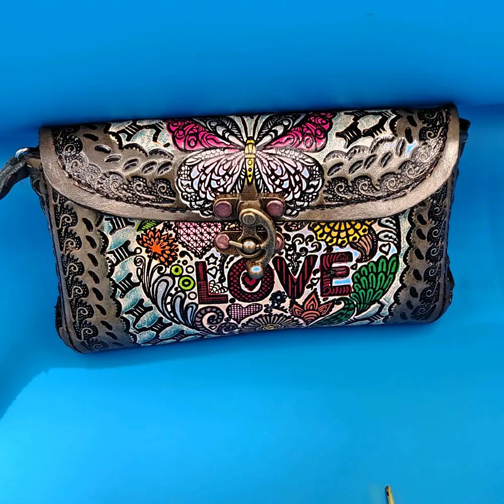 Hand-Painted Natural Leather Bag, Mexican Art Design
