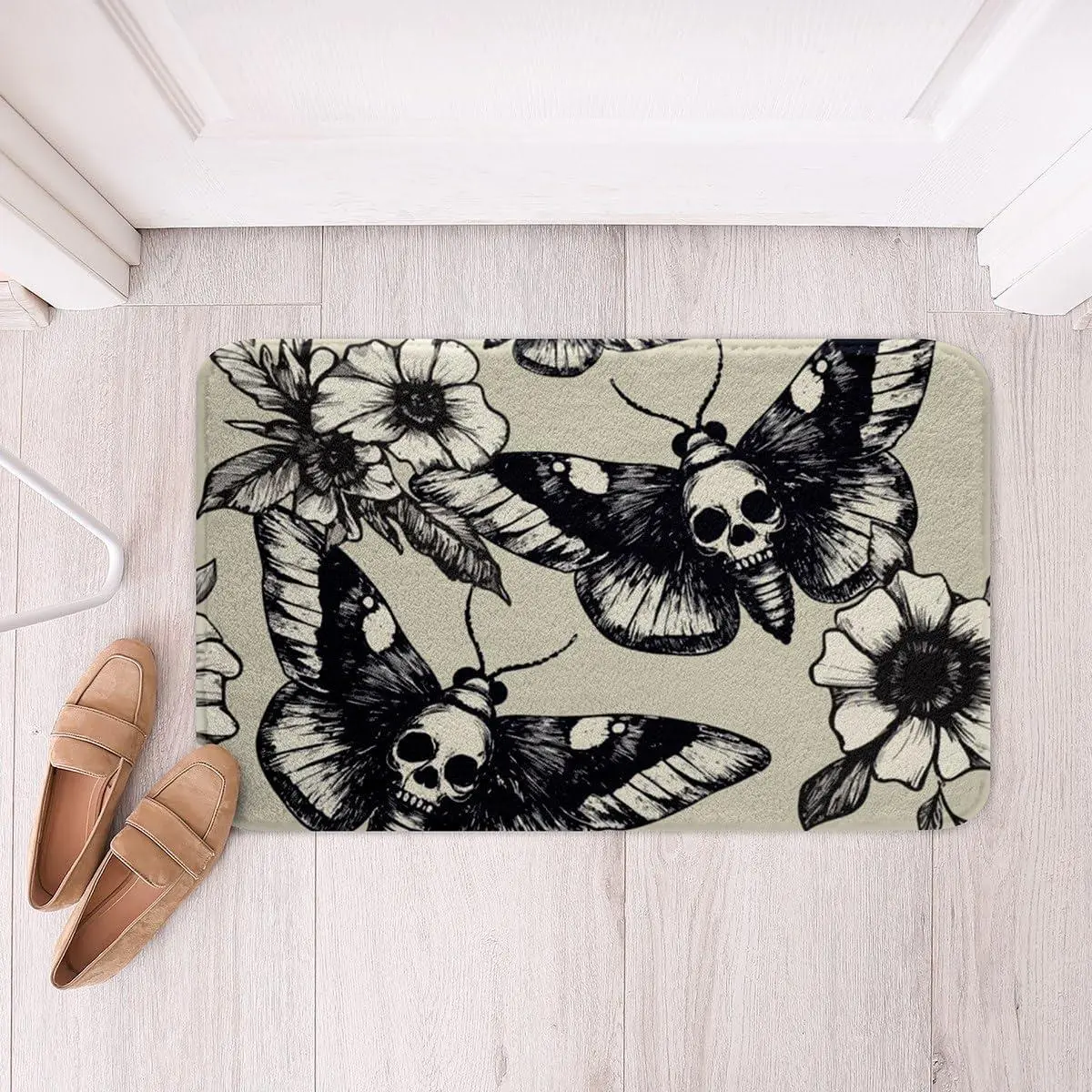 Skull Doormats,Gothic Moth Print Plush Bath Mat Non Slip Machine Washable,Sugar Skull Fleece Bath Rugs Water Absorbent Gray White Black Botanical Floral Bathroom Rugs Porch Mat