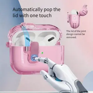 TPU safety lock jacket, suitable for Apple AirPods 4/3/2/1/pro one click automatic bounce quick buckle, easy to open, transparent protective cover with key hook rope and anti fall rope, Earphone Protective Cover