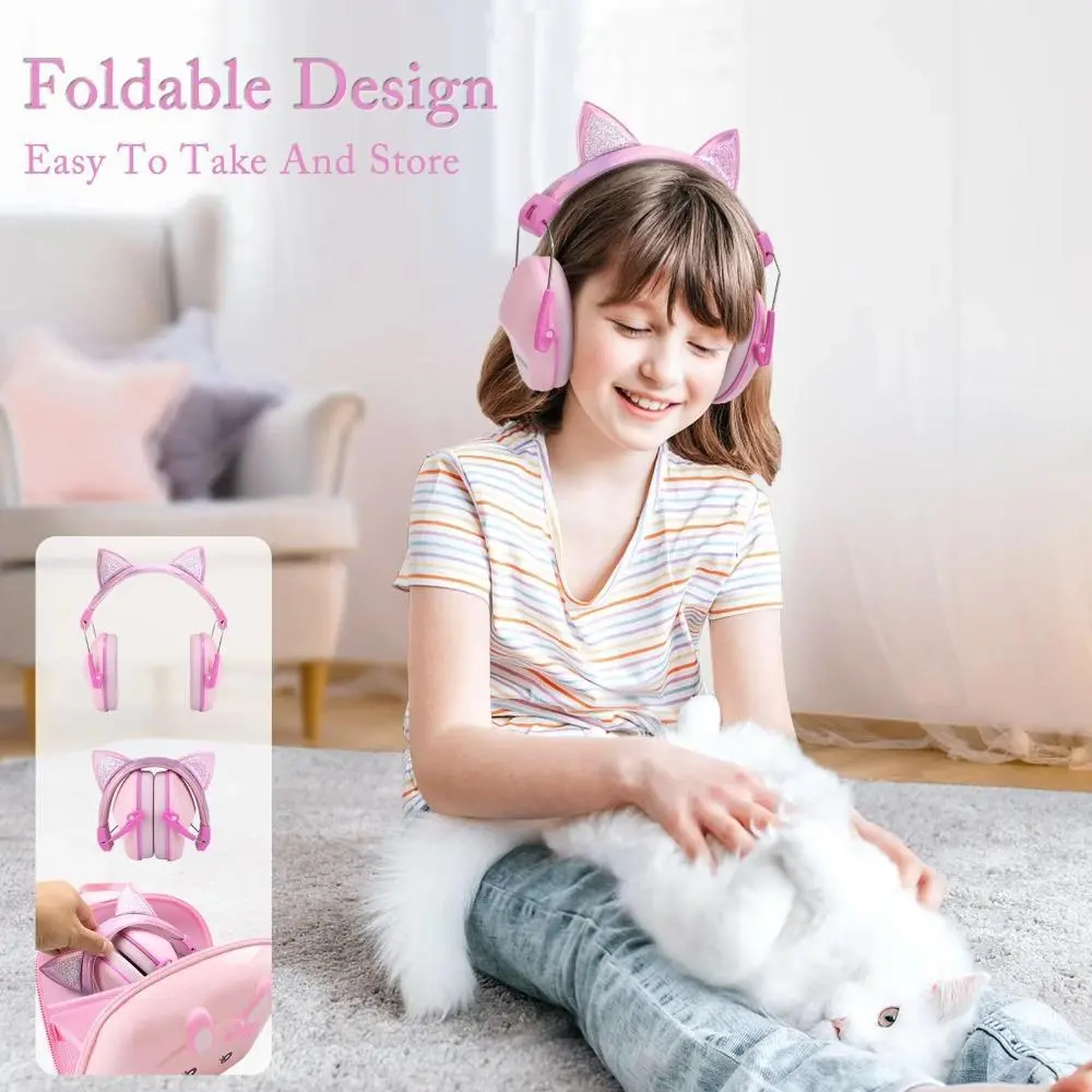 Cute Children Anti-Noise Earmuffs Pink Cat Ears Kid Hearing Protection Adjustable Ear Protector For Study Sleep Noise Cancelling