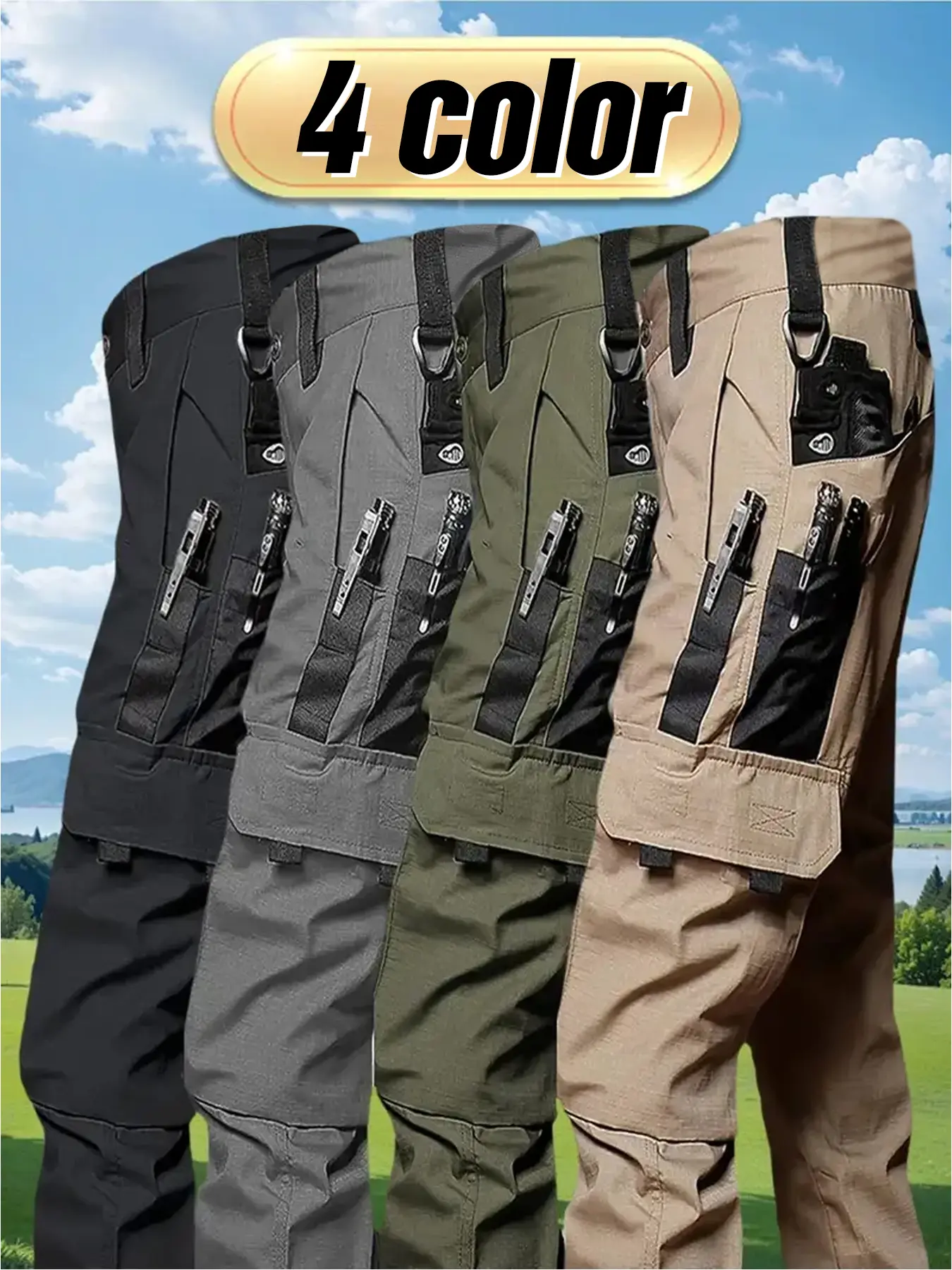 Men's durable outdoor training pants, men's multi-pocket work pants, men's solid color and printed pocket zipper waterproof tactical cargo pants without belt, regular fit sports pocket durable autumn pants.