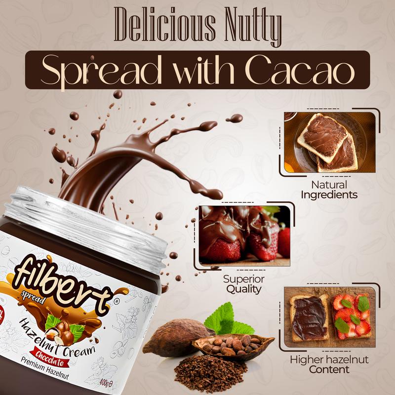 Filberts Premium Hazelnut Cream Chocolate Spread - Nutty Flavor, Healthier Option, Gluten-Free, Non-GMO, Halal & Kosher Certified, 400g Jar - Dip Creamy  Milk Natural