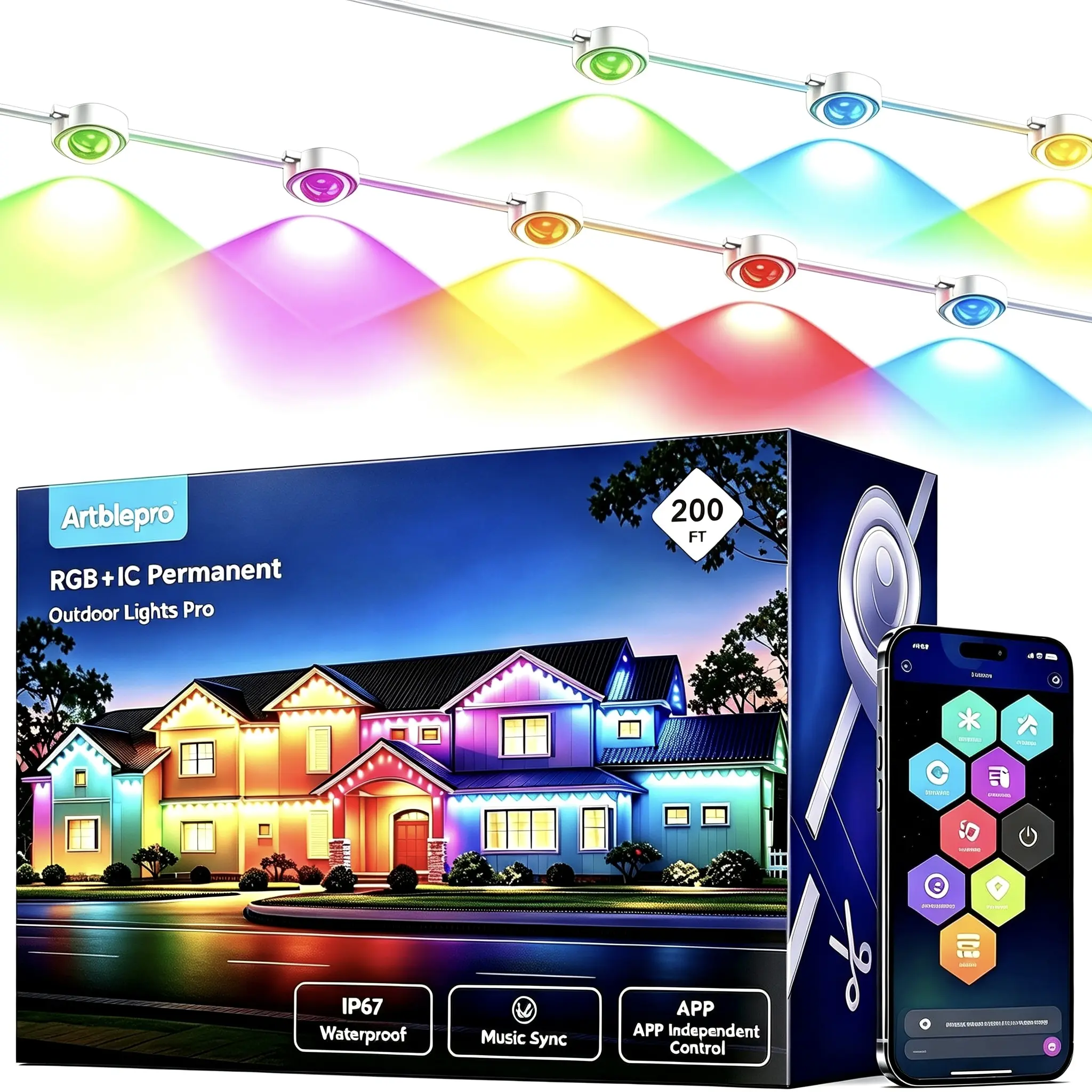 ARTBLEPRO Permanent Outdoor Lights Pro,  RGB+IC Smart LED Eave Lights, Brilliant Flowing Colors Lights, Daily and Accent Lighting, 84 Scene Modes for Patio, Backyard, IP67 Waterproof, for Christmas Halloween Holiday Decor
