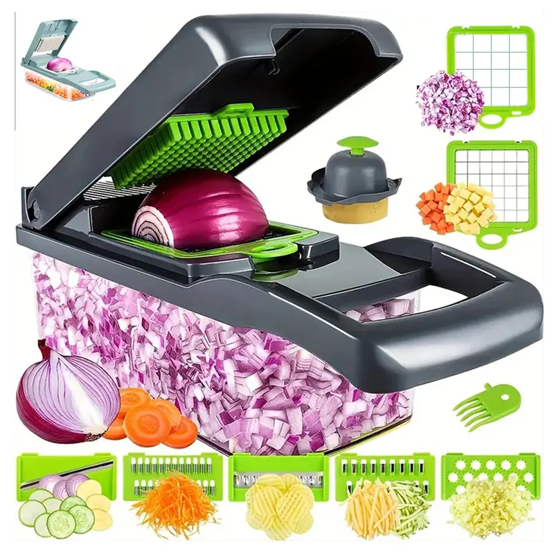 Snofrid Vegetable Chopper,16-in-1 Multifunctional Food Chopper,Professional Onion Chopper with 8 Blades,Vegetable Cutter with Container for Salad,Potato,Carrot,and Garlic; Essential Kitchen Tool