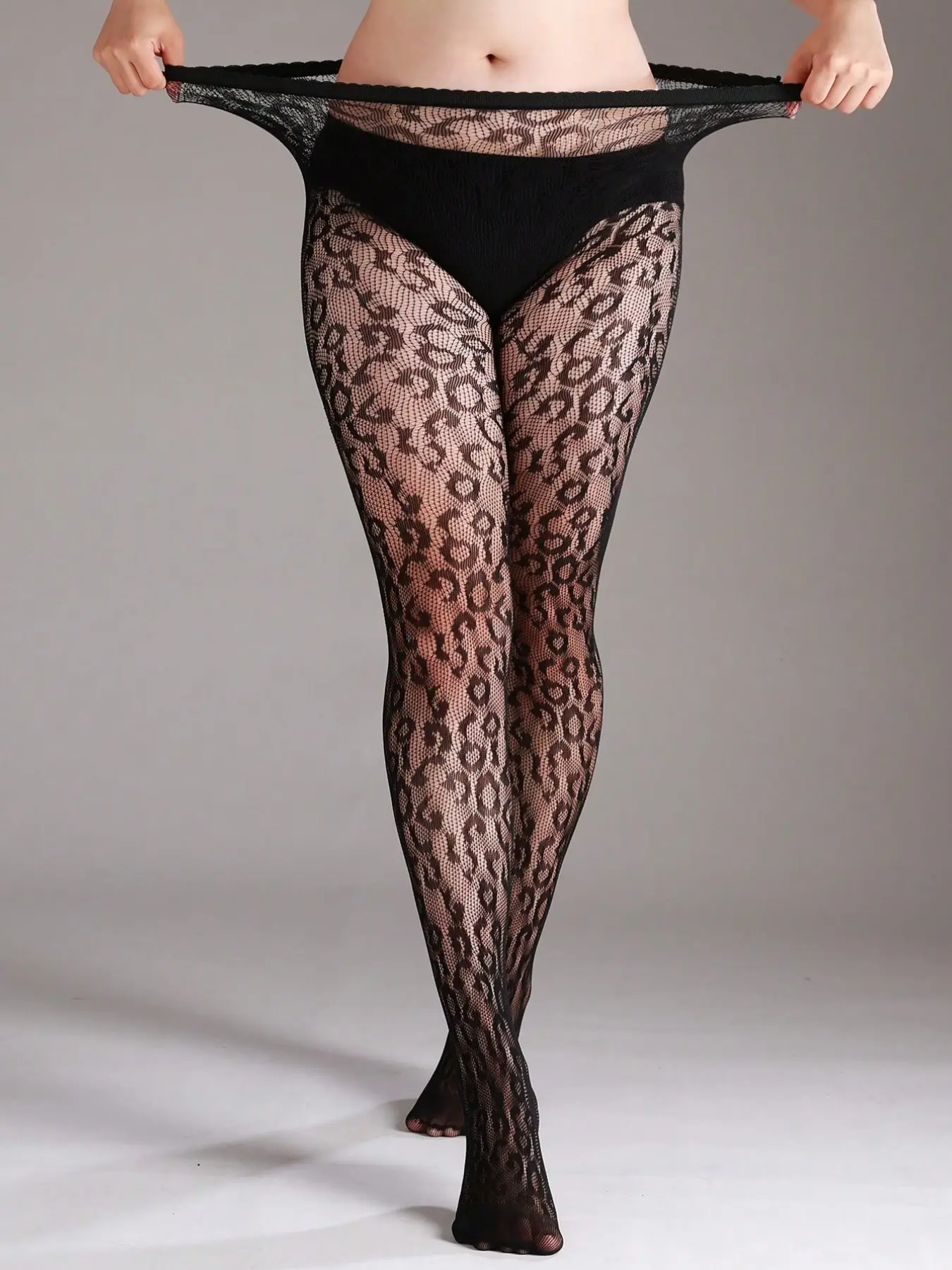Plus Size High Stretch Leopard Print Fishnet Leggings, Sexy Hollow Net Stockings, Women Pantyhose, Tights, Fashionable Halloween Costume, All Seasons