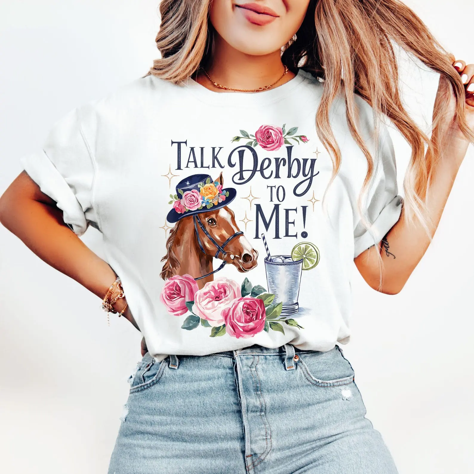 Kentucky Derby Party Shirt Women Talk Derby To Me T-Shirt Derby Day Outfit Tee Horse Lover Shirt Church Downs Graphic Tee