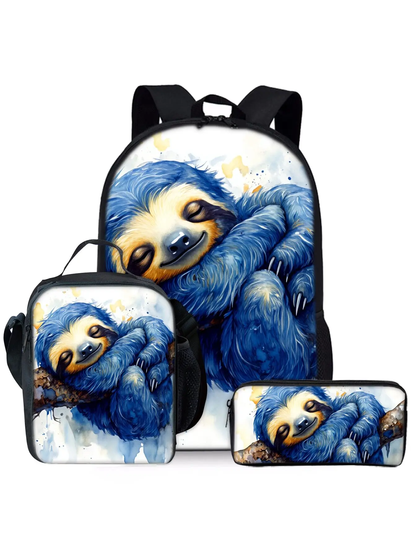 Cute sloth print backpack three piece set lunch bag pencil case backpack