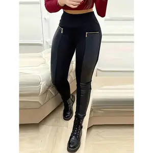 Women's Patchwork High Waist Zipper Design Skinny Pants, Casual Comfy Tight-fitting Trousers for Daily Wear, Ladies Bottoms for All Seasons,  Fall Clothing