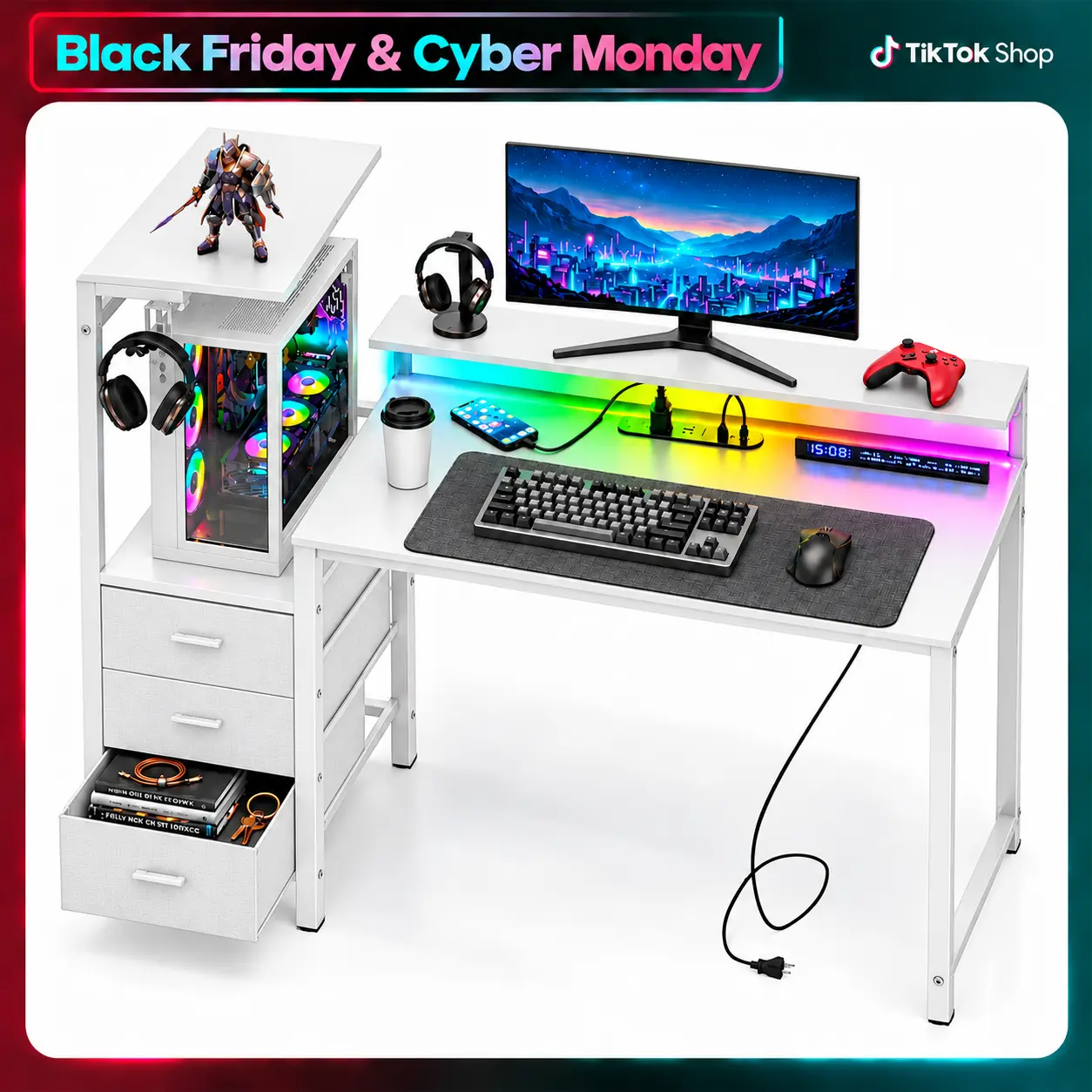 60-Inch Gaming Computer Desk - LED Lights, Power Outlets (2 AC, 2 USB-A, 1 USB-C), 3 Fabric Drawers, Monitor Stand, Full-Tower PC Case Stand, Side Hooks for Home Office Study familyfun