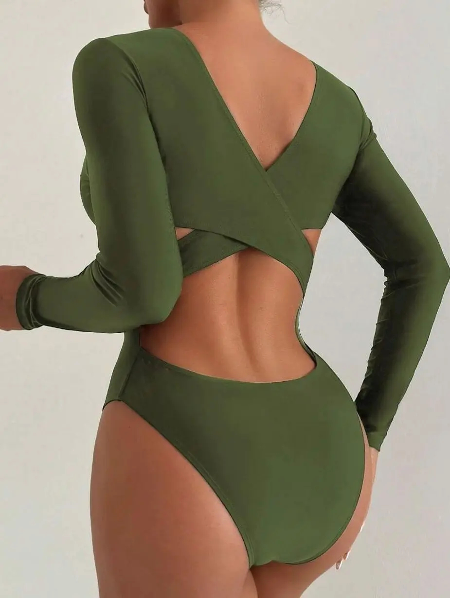 Long Sleeve One-Piece Swimsuit, All-Over Print Cut-Out Back Monokini For Summer Beach Vacation
