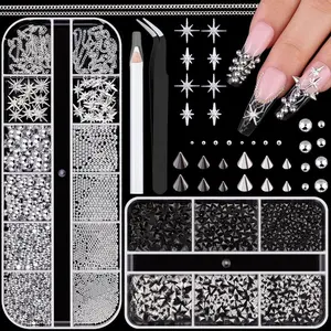 3D Mini Punk Nail Studs Cone Spike Alloy Rivets (Black+Silver), Silver Flatback Nail Pearls and Round Steel Balls Caviar Beads with Nail Chains, Goth Nail Charms and Gems for Nail Accessories Decor