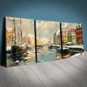 3 Piece Set Wood Framed Canvas Poster Winter Port Scene Colorful Buildings Snowscape Docking Ships Reflective Water City Landscape Home Decor Living Room Bedroom Office Dining Wall Art Nordic Style