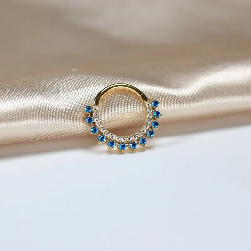 8mm Septum Ring Clicker, Dainty 16g Implant Grade Gold Titanium Hoop with Sparkling Blue Topaz CZ for Daith Piercing