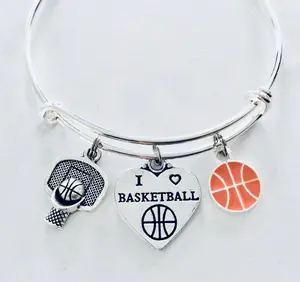 Basketball Charm Bracelet for Women, Adjustable Silver Expandable Bangle, I Love Basketball Jewelry Gift