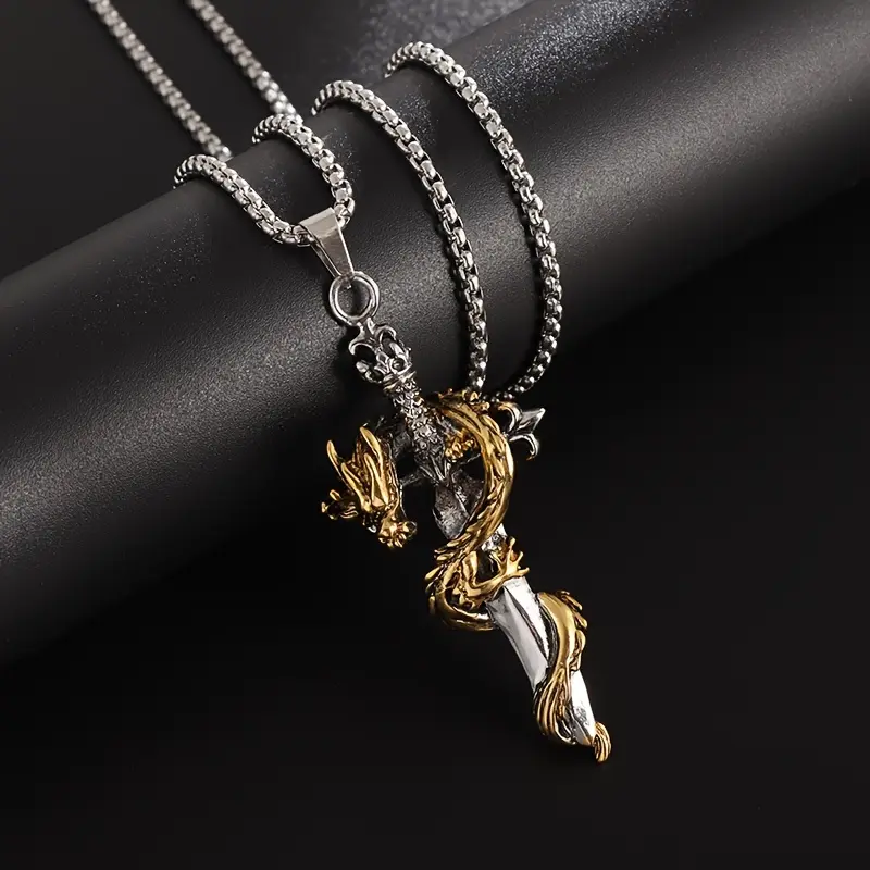 Alloy Cross Necklace with a Golden Dragon and Sword Pendant, 60cm Fashion Street Style Jewelry for Men and Women, Alloy Necklace, Cross Necklaces