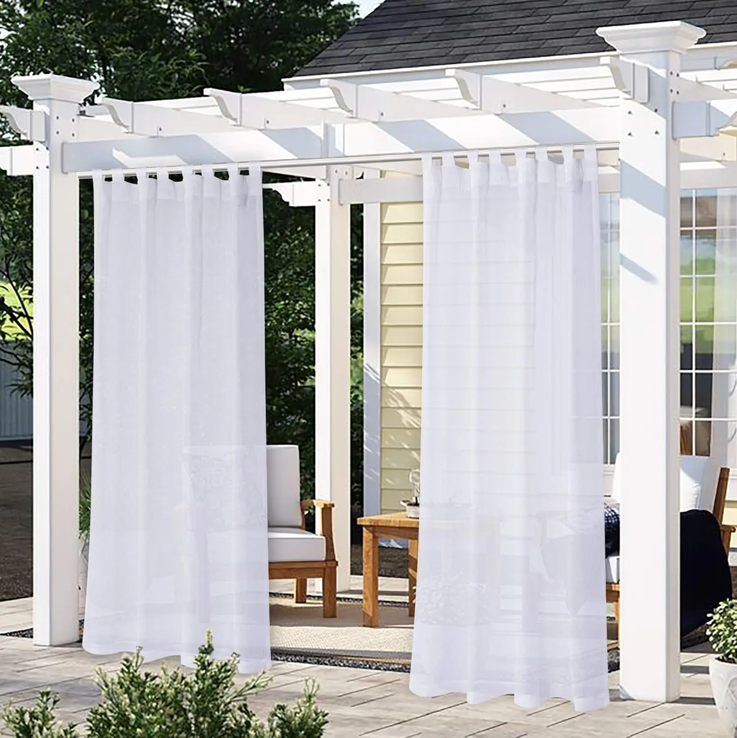 Burlap Linen Look Outdoor Curtain for Patio - 2 Panels  Tab Top Sheer Curtains for Pergola, Porch, Cabana and Gazebo Indoor/Outdoor Voile Sheer Drapes, 52 x 95 Inch, White