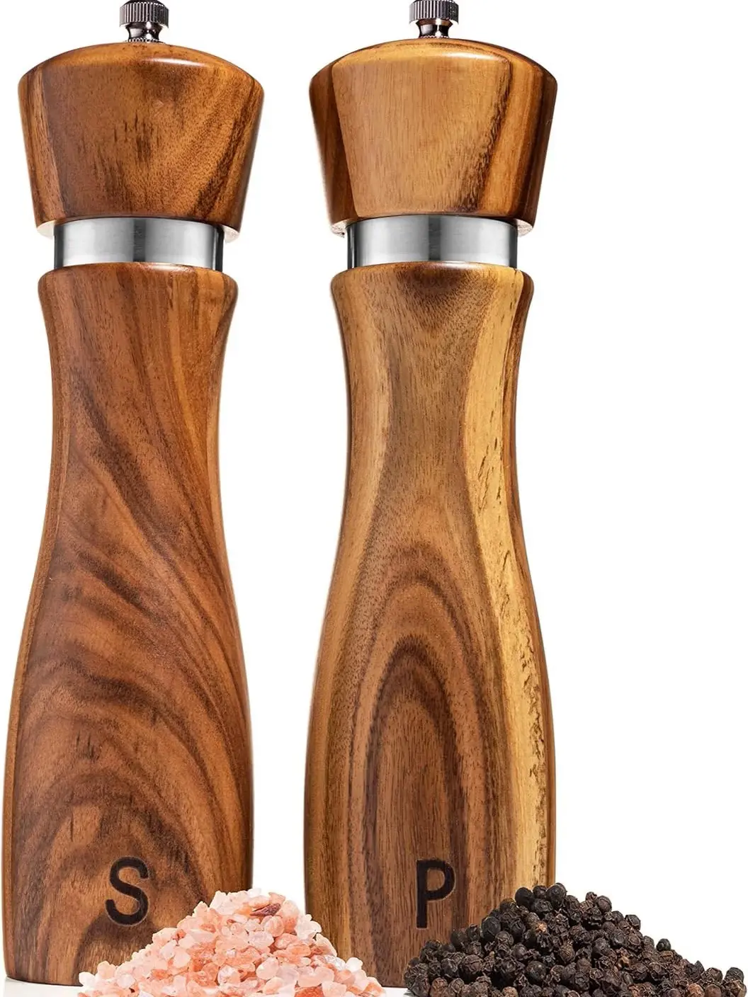 Gennua Kitchen 8 Inch Acacia Wood Salt and Pepper Grinder Set, Refillable Adjustable Pepper Mills, 2 Pack