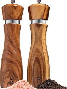 Gennua Kitchen 8 Inch Acacia Wood Salt and Pepper Grinder Set, Refillable Adjustable Pepper Mills, 2 Pack