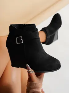 Velvet Wedge Short Boots, Buckle-Increase Heel, Casual Above-Ankle Boots, All-Season Textile Upper, Rubber Sole, Women's Shoes