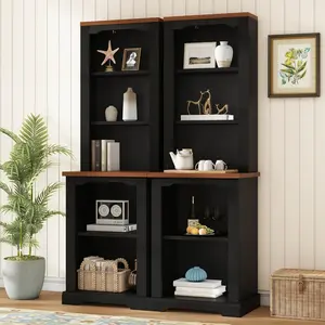 Two-Piece Elegant Freestanding Tall Cabinet with Fully Open Storage, Walnut Element Bookshelves with Curved Design, Stylish Display Bookcase with Anti-Tip Device for Living Room, Black