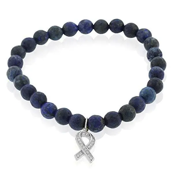 925 Sterling Silver CZ Breast Cancer Awareness Ribbon Blue Stretch Beaded Bracelet, Female