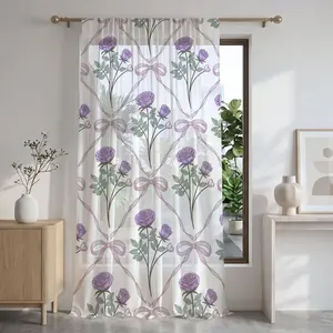 1‑Piece Purple Rose & Bow Semi‑Transparent Sheer Curtain, 2D floral printed curtain with Victorian vintage style. Suitable for over 99 scenarios including living room, bedroom, balcony, study, tea room, girl’s room and French‑style homestays.
